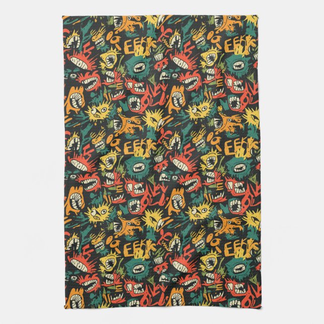 Graffiti Monster Eek Black Halloween (1) Tea Towel (Vertical)