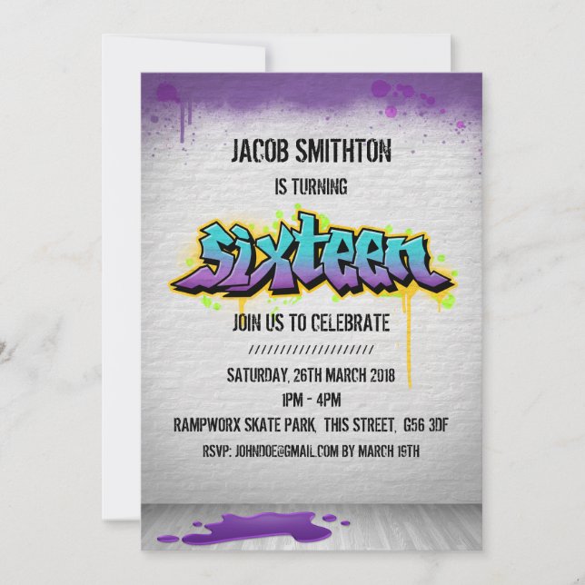 Graffiti Paint Sixteenth Birthday Invite (Front)