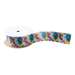 Graffiti Pattern with Neon Colors and Urban Grunge Satin Ribbon