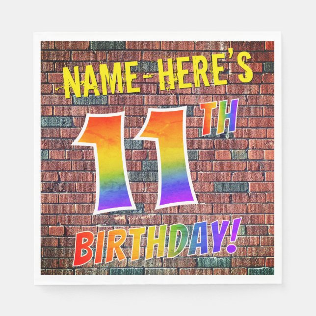 Graffiti Rainbow Look 11TH BIRTHDAY! + Custom Name Napkin (Front)