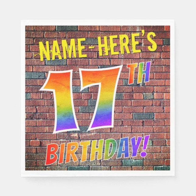 Graffiti Rainbow Look 17TH BIRTHDAY! + Custom Name Napkin (Front)