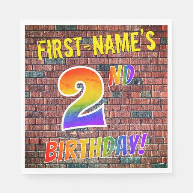Graffiti Rainbow Look 2ND BIRTHDAY! + Custom Name Napkin (Front)