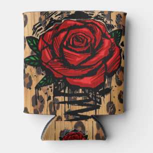 Graffiti Red Rose Drip Cheetah Print Wood Can Cooler