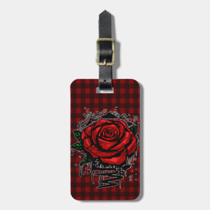 Graffiti Rose Dark Red Gingham Urban Street Art Luggage Tag
