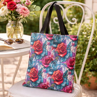 Graffiti Roses Red & Blue Urban Art Design Tote Bag