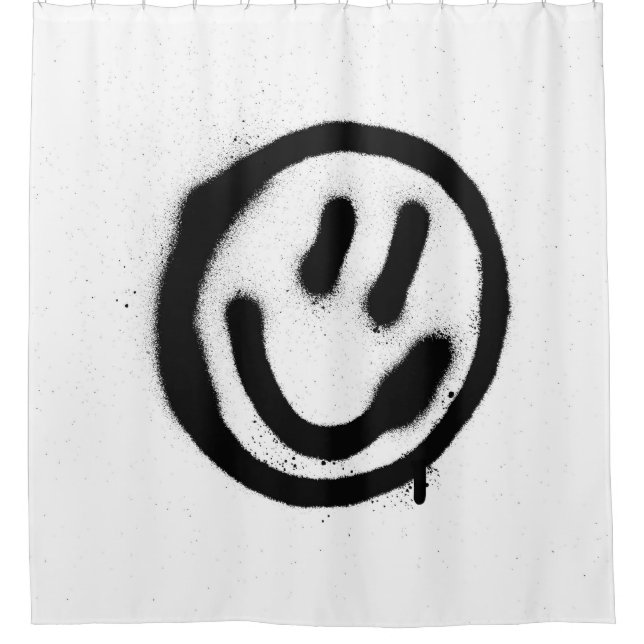 graffiti smiling face emoticon in black on whitesp shower curtain (Front)