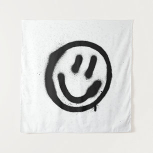 graffiti smiling face emoticon in black on whitesp tapestry