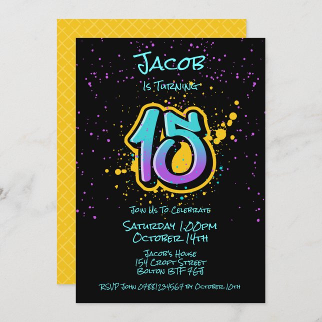 Graffiti Splatter Age Fifteen Invitation (Front/Back)