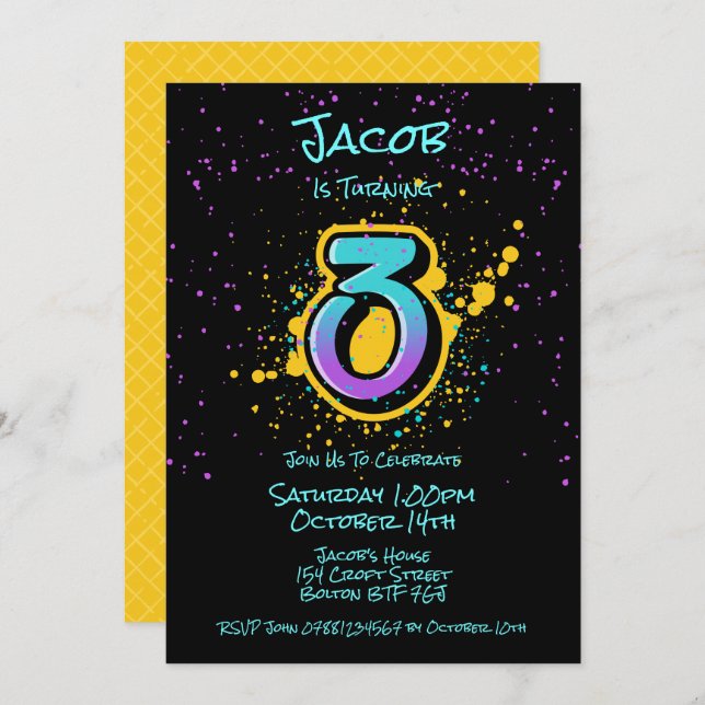 Graffiti Splatter Age Three Invitation (Front/Back)