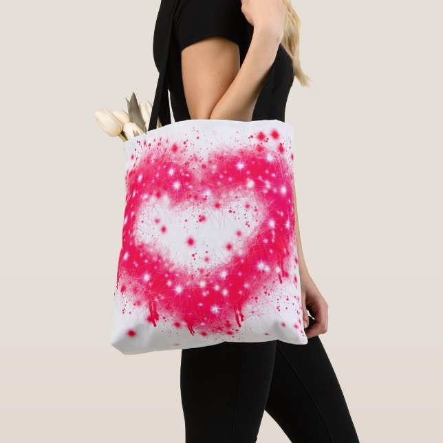 Graffiti spray paint pink sparkling heart design tote bag (Close Up)