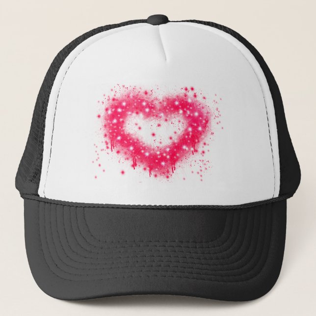 Graffiti spray paint pink sparkling heart design trucker hat (Front)