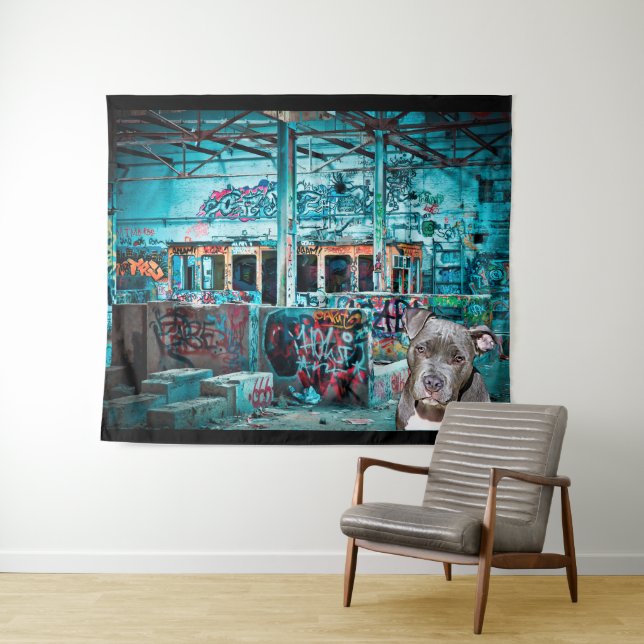 Graffiti Street Art PitBull Abandoned Building Tapestry (In Situ (Horizontal))