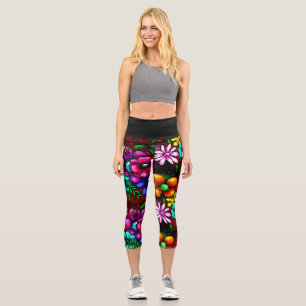 Graffiti Style Flowers & Ladybug Pink Purple Red Capri Leggings