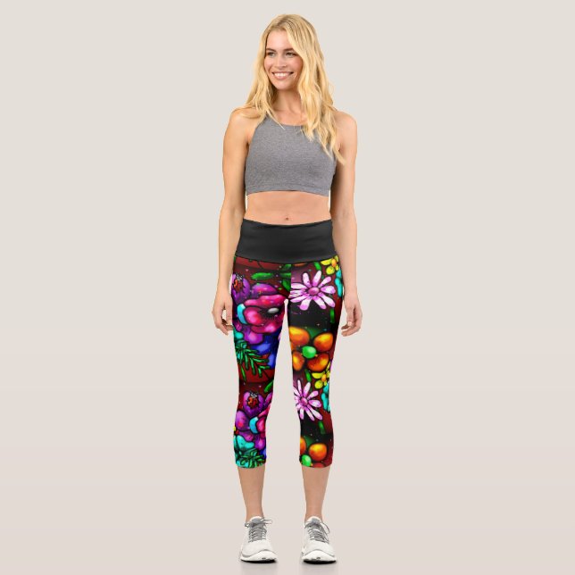 Graffiti Style Flowers & Ladybug Pink Purple Red Capri Leggings (Front)