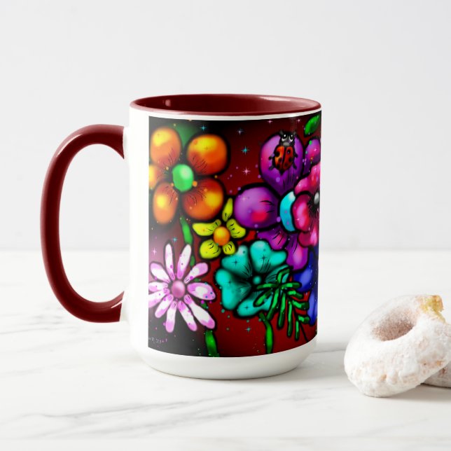 Graffiti Style Flowers & Ladybug Pink Purple Red Mug (With Donut)