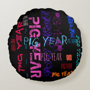 Graffiti style Repeating Pig Year 2019 Round P Cushion