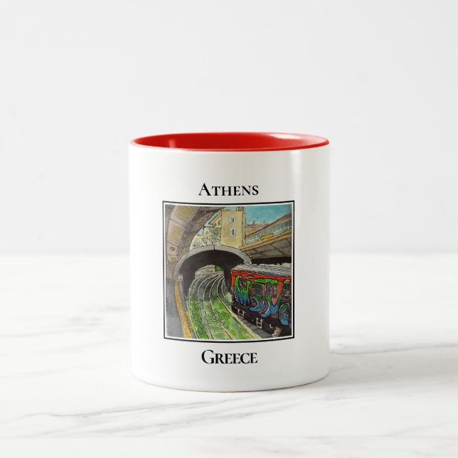 Graffiti Train, Monastiraki, Athens, Greece Two-Tone Coffee Mug (Center)