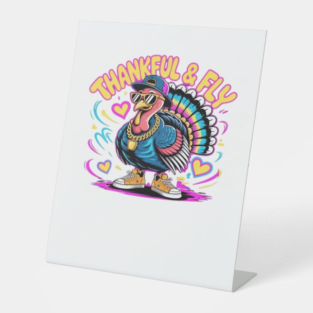 Graffiti Turkey Vibes – Thankful & Fly Cartoon Art Pedestal Sign (Front)