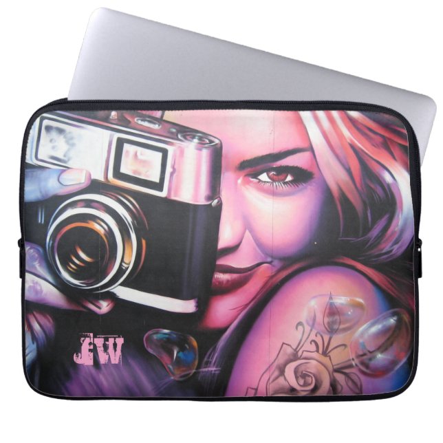 Grafitti Woman with Camera Monogram  Laptop Sleeve (Front)