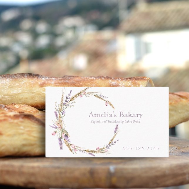 Grain and floral lavender wreath bread bakery business card (Creator Uploaded)