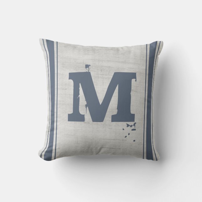 Grain Sack Blue Grey Vertical Stripes Monogram M Cushion (Front)
