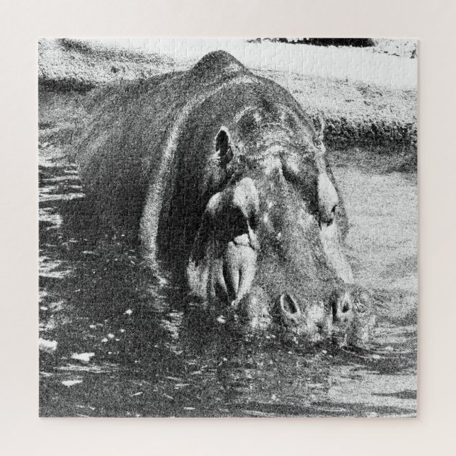 Grainy Black White Hippo Art, Jigsaw Puzzle (Vertical)