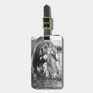 Grainy Black White Hippo Art, Luggage Tag
