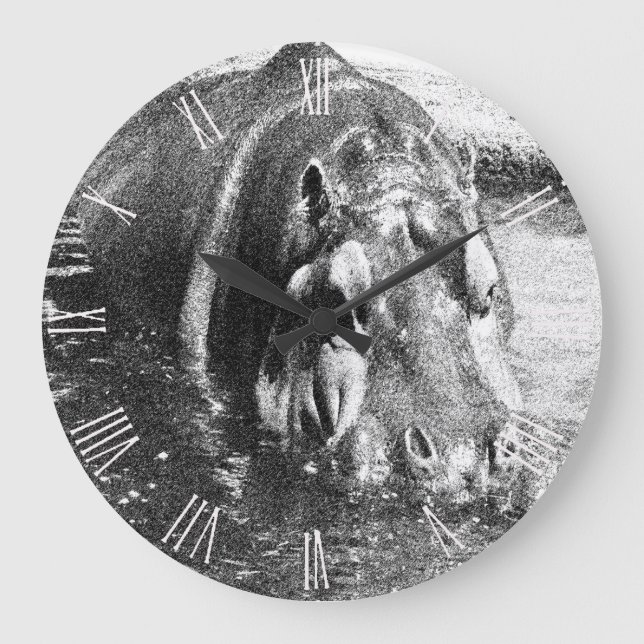 Grainy Black White Hippo Art, Pocket Wall Clock (Front)