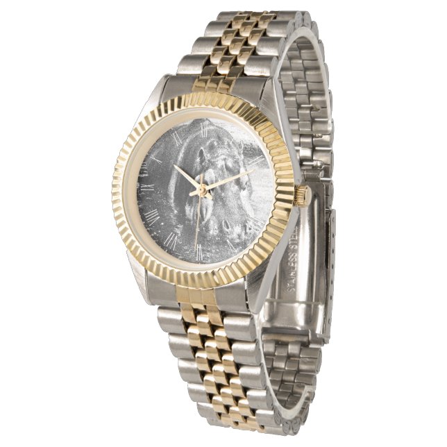 Grainy Black White Hippo Art, Unisex Watch (Angled)