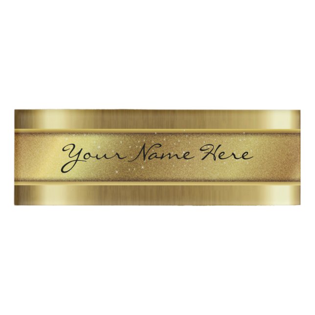 Grainy Golden Texture with Glitter Name Strip Tag (Front)