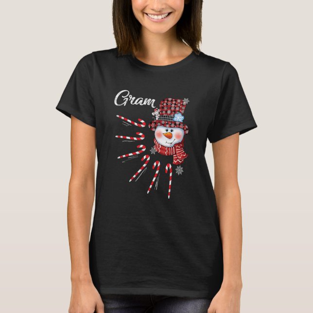 Gram Snowman Candy Cane Christmas Red Plaid Hat T-Shirt (Front)