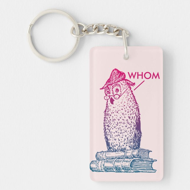 Grammar Owl Says Whom Pink Key Ring (Front)