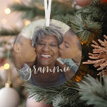 Grammie Grandma Script Overlay Glass Tree Decoration<br><div class="desc">Create a sweet gift for a special grandmother with this beautiful custom ornament. "Grammie" appears as an elegant white script overlay on your favorite photo of grandma and her grandchild or grandchildren.</div>