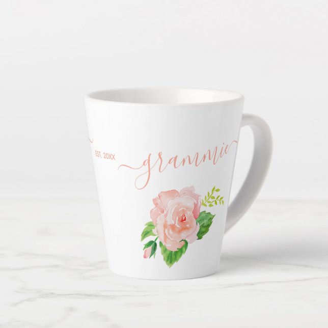 Grammie Watercolor Rose Peach Coral Pink Latte Mug (Right Angle)