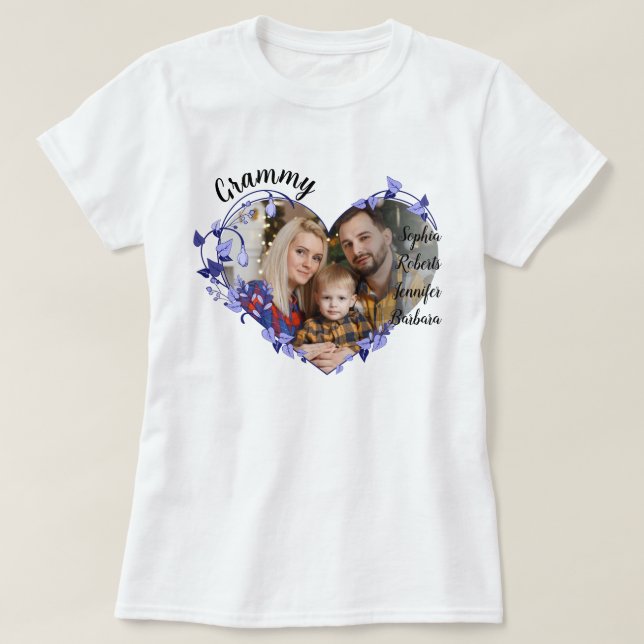 Grammy flower heart With Grandkids Names & Photo T-Shirt (Design Front)