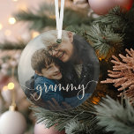Grammy Grandma Script Overlay Glass Tree Decoration<br><div class="desc">Create a sweet gift for a special grandmother with this beautiful custom ornament. "Grammy" appears as an elegant white script overlay on your favorite photo of grandma and her grandchild or grandchildren.</div>