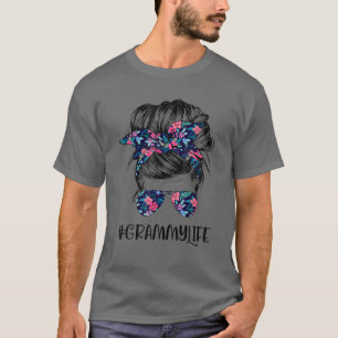 Grammy Life Messy Hair Bun Flower Women Mother's D T-Shirt