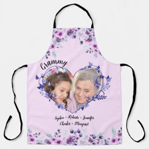 Grammy Purple Floral Heart Grandkids Name & Photo Apron