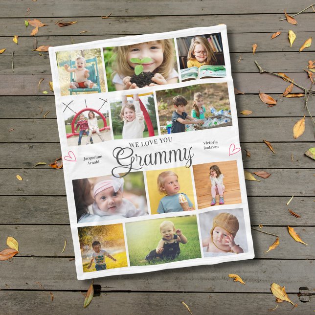 Grammy We Love You Personalised Hearts Fleece Blanket (Grammy personalized fleece blanket with 12 photos and custom text)