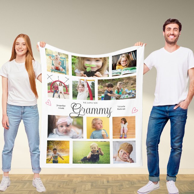 Grammy We Love You Personalised Hearts Modern Fleece Blanket (Grammy custom fleece blanket with favorite photos and personalized text.)