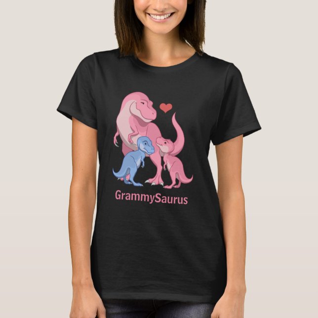 GrammySaurus T-Rex with Baby Boy & Girl Dinosaurs T-Shirt (Front)