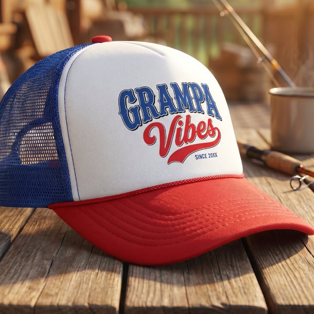 Grampa Vibes Red Blue Retro Text Design Trucker Hat (Creator Uploaded)