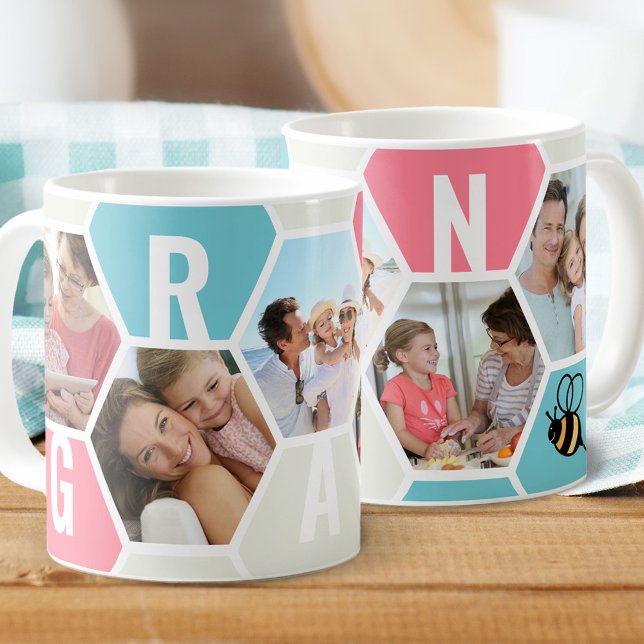 Gran 5 Photo Editable 4 Letter Bee and Honeycomb Coffee Mug (Creator Uploaded)