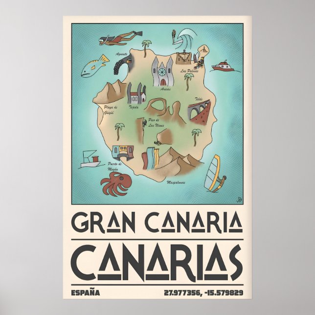 Gran Canaria Vintage Island Map Print - Hand-Drawn (Front)