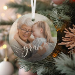 Gran Grandma Script Overlay Glass Tree Decoration<br><div class="desc">Create a sweet gift for a special grandmother with this beautiful custom ornament. "Gran" appears as an elegant white script overlay on your favorite photo of grandma and her grandchild or grandchildren.</div>