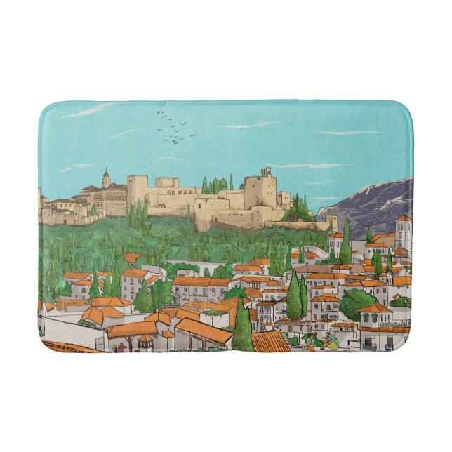 Granada Cityview Spain Landscape Illustration Bath Mat (Front)