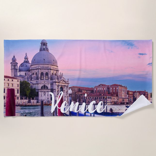 Grand Canal with gondolas and church in Venice Beach Towel (Front)