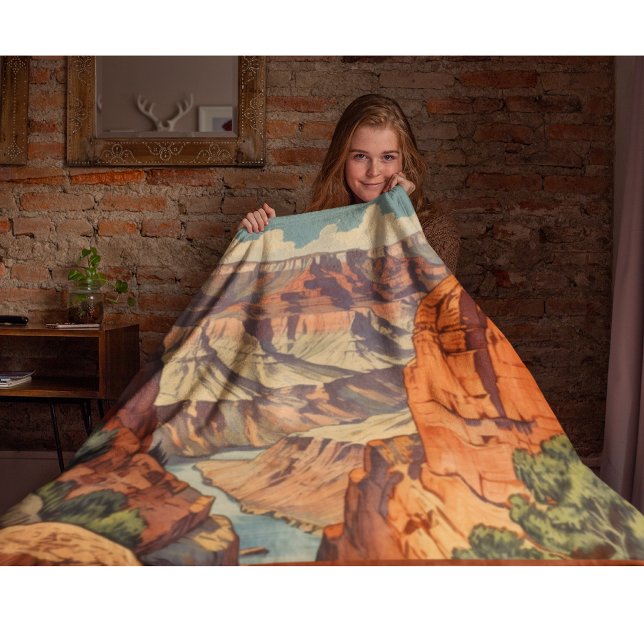 Grand Canyon Retro Travel Design Fleece Blanket (Creator Uploaded)