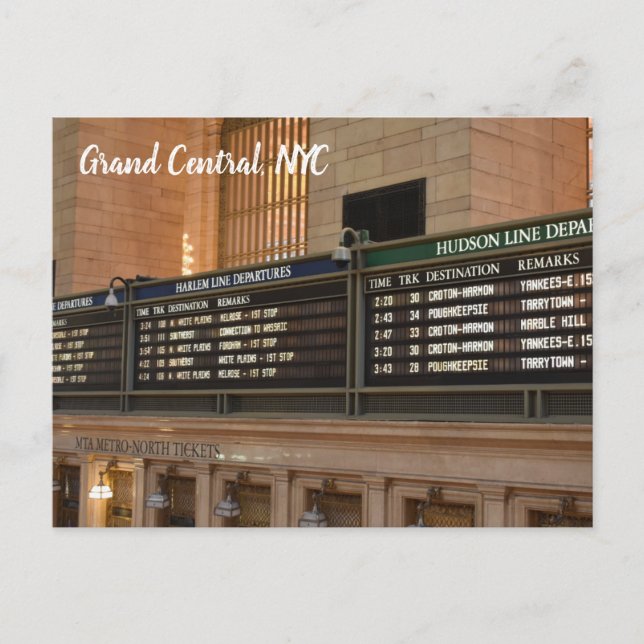 Grand Central Hudson Harlem Train Departures NYC Postcard (Front)