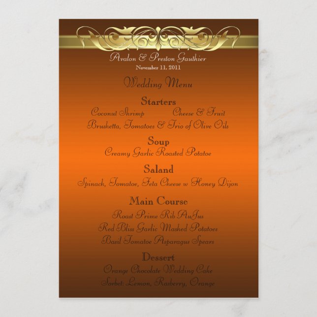 Grand Duchess Orange Scroll Wedding Menu (Front)